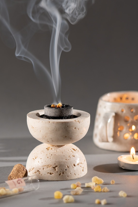彫刻・オブジェ Richardson CERAMIC INCENSE BURNER Handmade Travertine Incense Burner: Minimalist Home Decor - Etsy