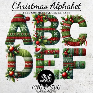 Alfabeto navideño de punto, letras de sublimación navideñas retro, fuente de letras del alfabeto navideño SVG PNG, conjunto de alfabeto en mayúsculas