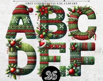 Weihnachten gestrickt Alphabet Clipart, Retro Weihnachten Sublimation Buchstaben, Weihnachten Alphabet Buchstabe Schriftart SVG PNG, Großbuchstaben Alphabet Set