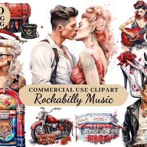 Pacote de clipart de aquarela de música rockabilly, clipart de garota pin up, homem de garota retrô, arquivos retrô vintage dos anos 1950, PNG SVG transparente, comercial