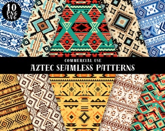 May include: Ten digital seamless patterns in a variety of colours and geometric designs inspired by Aztec art. The patterns feature a mix of red, blue, yellow, green, black, and white colours. The text "AZTEC SEAMLESS PATTERNS" is displayed in the centre of the image.