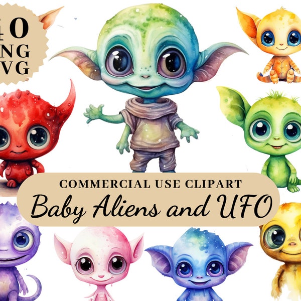 Cute Alien Clipart Set, Alien Clip Art Illustrations, Aliens UFO, Space Clipart Designs, Gifts For Boys, Commercial Use, Transparent PNG