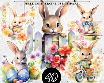 Floral Bunnie Clipart, Watercolor Easter Bunny Clipart, Cute Bunny PNG SVG Clipart, Watercolor Bunnies Clipart, Bunny Clipart Nursery