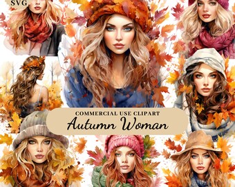 Watercolor Autumn Woman Clipart Bundle, Fall Scences Clipart, Autumn Fall Farmhouse, African American Girls Clipart, Transparent PNG