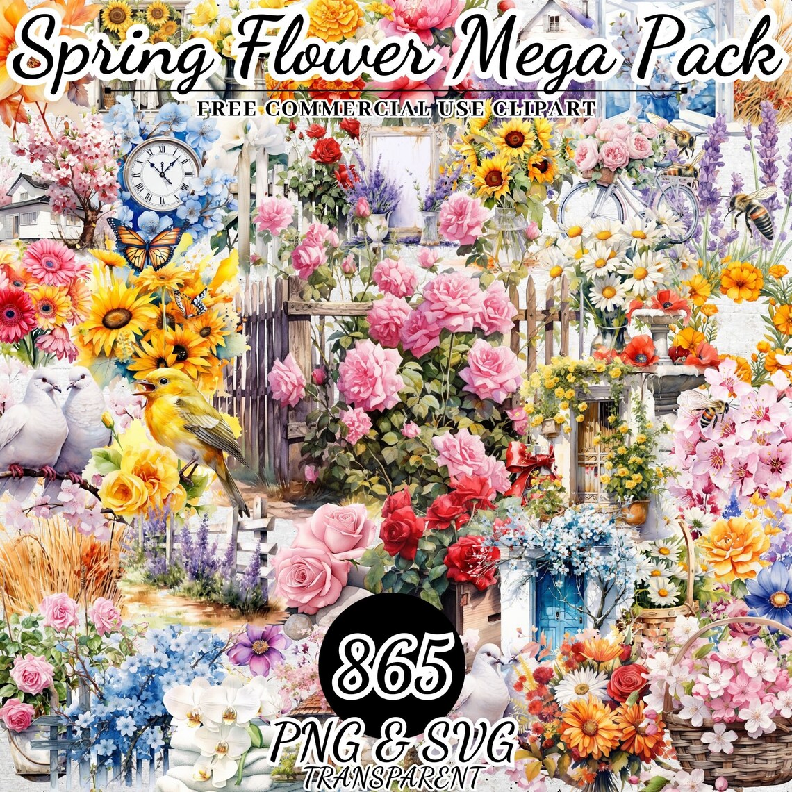 Watercolor Spring Flower Clipart Bundle, Floral Bundle Clipart PNG SVG ...