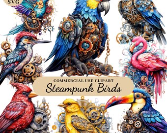 Watercolor Steampunk Birds Clipart Bundle, Steampunk Animal Ephemera, Downloadable Clipart Steampunk, Junk Journal Steampunk
