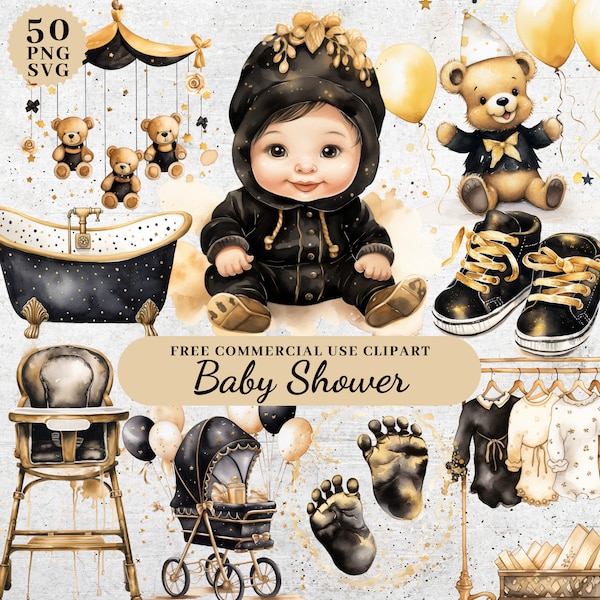 Gold and Black Baby Shower Clipart Decorations, Baby Shower Digital Download, Babyshower Clipart PNG SVG, Printable Cake Topper Baby Shower