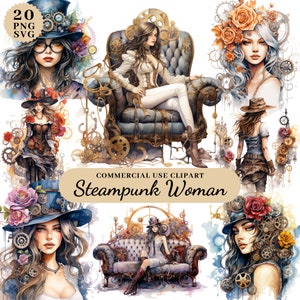 Watercolor Steampunk Woman Clipart Bundle, Junk Journal Steampunk, Downloadable Clipart Steampunk, Steampunk Paper Crafts and Scrapbooking