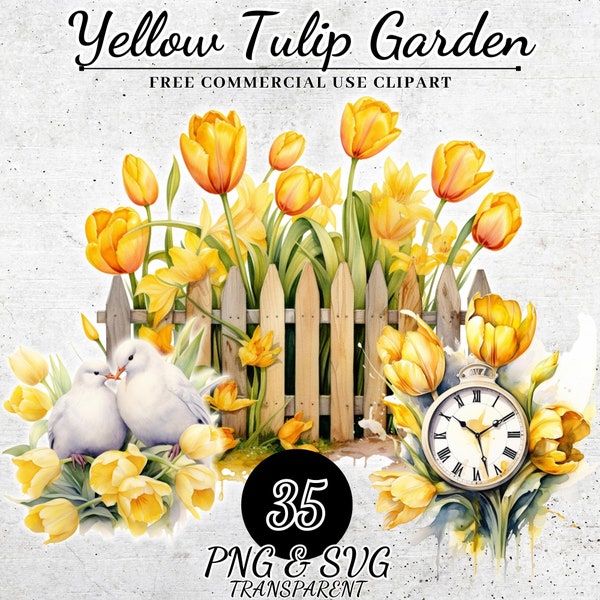 Watercolor Yellow Tulip Garden Clipart, Spring Decorations Clipart, Painted Garden Clipart, Spring Tulips Clipart, Transparent PNG SVG