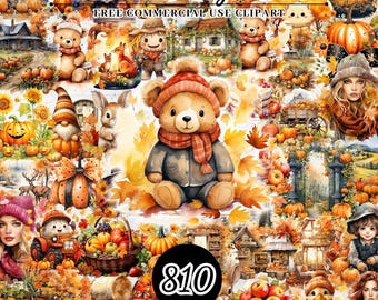 Watercolor Autumn Bundle Clipart PNG SVG Fall Clipart Wall Art Digital Instant Download Deer Wolf Fox Rabbit Fall Tree Autumn Scences Leafs