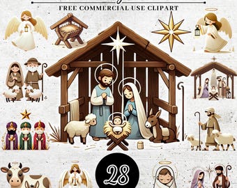 May include: A set of 28 digital clipart images featuring a Nativity scene. The images are in PNG and SVG format and are transparent. The images include a manger, a stable, a star, angels, shepherds, and animals.