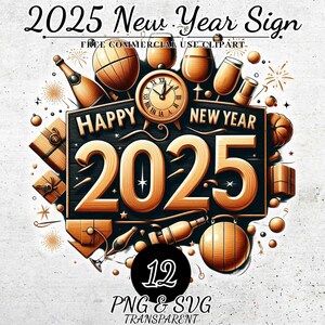 Feliz año nuevo 2025 Clipart, Decoraciones de año nuevo PNG SVG, Decoración de fiesta de año nuevo, Descarga digital de Nochevieja, Diario basura, Manualidades de papel