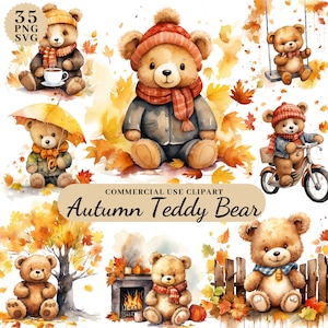 Pacote de clipart de urso de pelúcia de outono em aquarela, clipart de cenário de outono, chá de bebê, decorações de urso, decoração de berçário, clipart de uso comercial