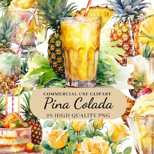 30 PNG acquerello Pina Colada Clipart, cocktail tropicali, clip art, grafica per il download istantaneo, PNG trasparente, uso commerciale Pineaple
