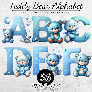 Letra do alfabeto de fonte azul Clipart SVG Download digital PNG Sublimação Carta Decoração Teddy Bear PNG para download Letra do alfabeto personalizada