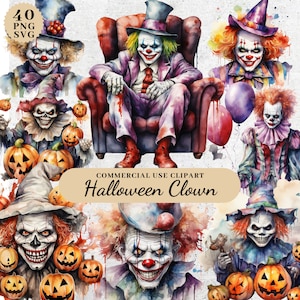 Paquete de imágenes prediseñadas de payaso de acuarela, imágenes prediseñadas de Halloween aterradoras, diario basura digital de Halloween, imágenes prediseñadas de payaso aterrador, PNG SVG transparente