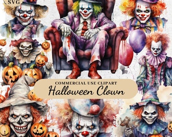 Watercolor Clown Clipart Bundle, Scary Halloween Clipart, Digital Junk Journal Halloween, Scary Clown Clipart, Transparent PNG SVG