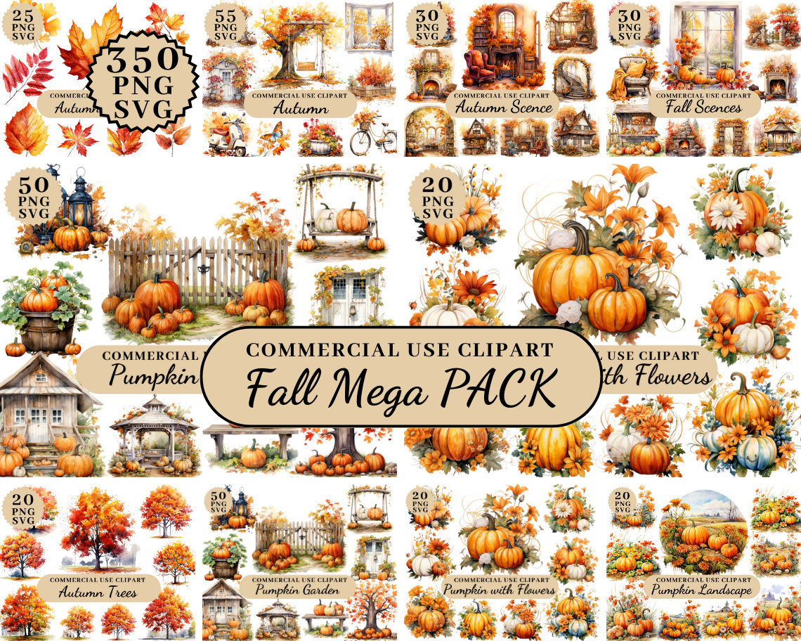 Watercolor Fall Bundle Clipart PNG Fall Clipart Wall Art Digital Instant Download Deer Fox Rabbit Fall Tree Autumn Scences Leafs Pumpkin