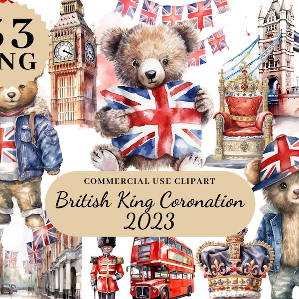 Aquarelle Bear Clipart, British Kings Coronation mai 2023, Utilisation commerciale, Londres, London Art, King Charles III, British Royals, PNG