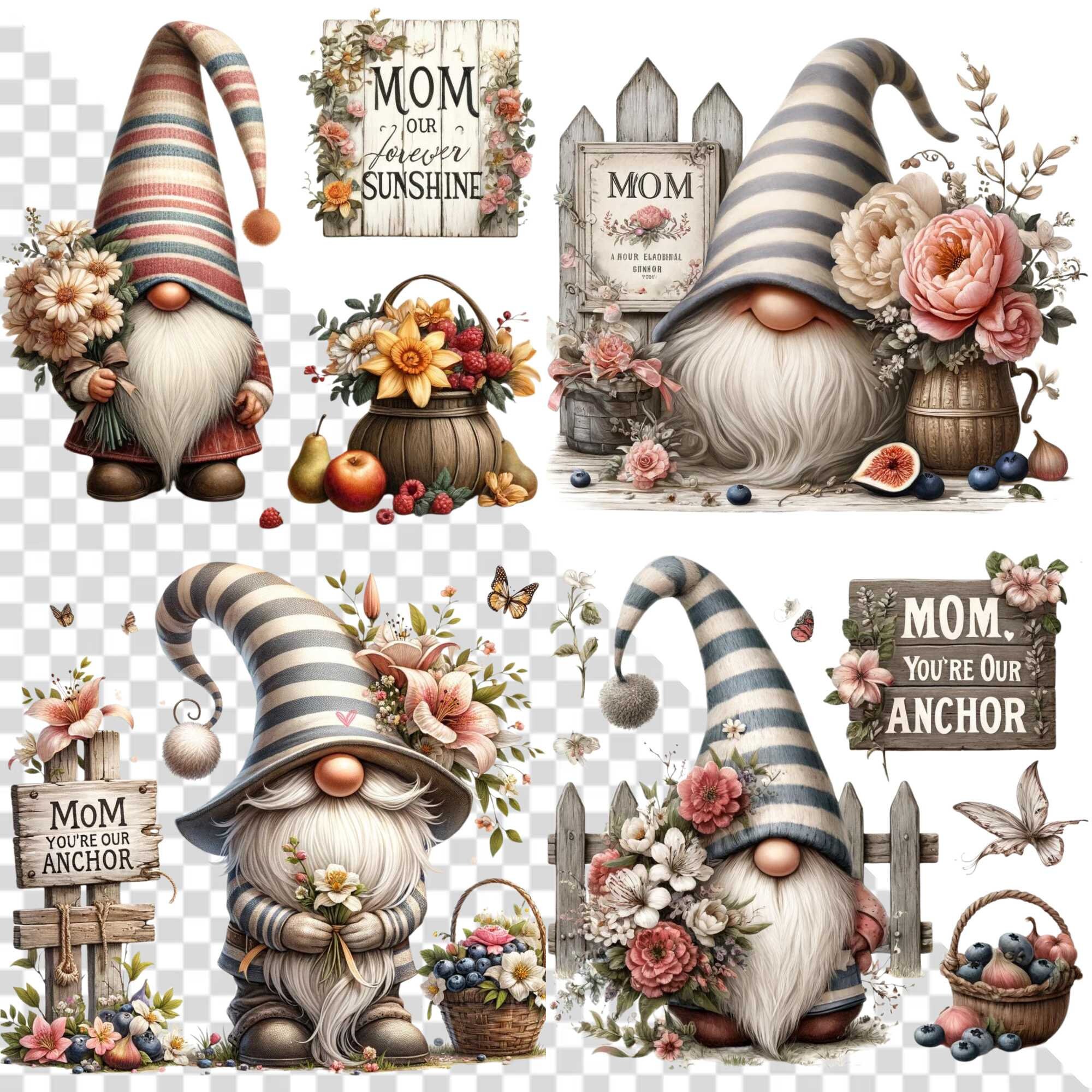 Watercolor Mother's Day Gnome Clipart , Mother's Day Sublimation Design ...