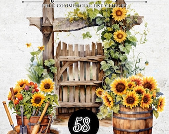 Watercolor Sunflower Garden Clipart, Botanical Sunflower Clipart, Sunflower Artful Art, Sunflowers Clipart, Floral Bouquet, Wedding Clipart