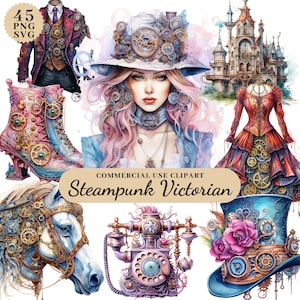 Paquete de imágenes prediseñadas de la era victoriana retro Steampunk de acuarela, diario basura Steampunk, imágenes prediseñadas descargables Steampunk, artesanías de papel Steampunk