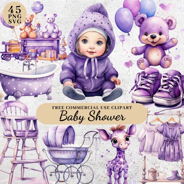 Purple Baby Shower Clipart Decorations, Baby Shower Digital Download, Babyshower Clipart PNG SVG, Printable Cake Topper Baby Shower