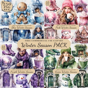 Mega paquete de imágenes prediseñadas de invierno en acuarela, imágenes prediseñadas de decoraciones navideñas, imágenes prediseñadas para manualidades de papel, país de las maravillas invernal, PNG SVG transparente