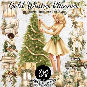 Clipart de planificador navideño de invierno dorado, pegatinas festivas para planificadores de vacaciones, descarga digital PNG, accesorios elegantes para planificadores navideños