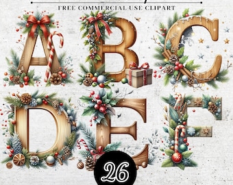 Weihnachten Holz Alphabet Clipart, Retro Weihnachten Sublimation Buchstaben, Weihnachten Alphabet Buchstabe Schriftart SVG PNG, Großbuchstaben Alphabet Set
