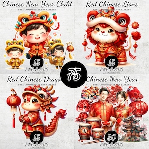 Chinees Nieuwjaar clipartbundel, maannieuwjaar decoraties PNG SVG, nieuwjaarsfeest decor, Chinees nieuwjaar, nieuwjaar digitale download