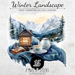 Imágenes prediseñadas de paisaje de invierno de acuarela, imágenes prediseñadas de vacaciones de invierno, imágenes prediseñadas de Navidad, imágenes prediseñadas para manualidades de papel, diario basura, PNG transparente SVG