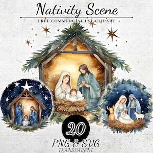 Akwarela Bożonarodzeniowa Szopka Clipart, Religijne Rzemiosło i Dekoracja Świętej Rodziny, Przezroczysty PNG, SVG Projekt Sublimacji, scrapbooking