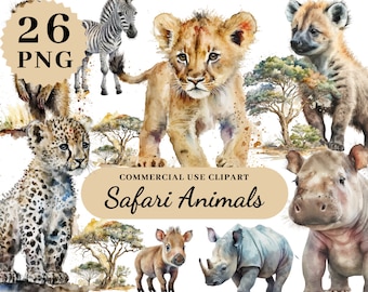 May include: A set of 26 watercolor illustrations of safari animals, including a lion, zebra, leopard, hyena, rhino, and warthog. The illustrations are in a realistic style and are perfect for use in digital or printed projects.