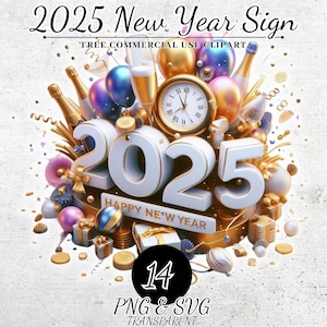 Feliz año nuevo 2025 Clipart, Decoraciones de año nuevo PNG SVG, Decoración de fiesta de año nuevo, Descarga digital de Nochevieja, Diario basura, Manualidades de papel