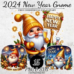 Szczęśliwego Nowego Roku Gnom Clipart, Dekoracje Noworoczne PNG SVG, Ogrodowy Gnom PNG, Świąteczny Clipart, Cyfrowe Pobieranie Sylwestra, Dziennik Śmieci