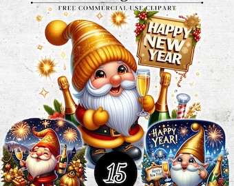Clipart di gnomi di buon anno, decorazioni di capodanno PNG SVG, gnomo da giardino PNG, clipart festivo, download digitale di capodanno, diario spazzatura
