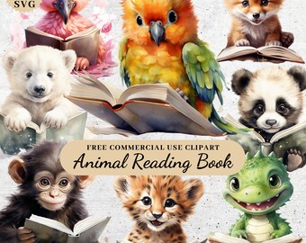 Watercolor Animal Reading Book Cliparts,PNG Fairy,Junk Journal,Scrapbook,Instant Digital Download,Magical Digital Graphics,Nursery Elements