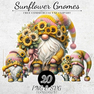 Herunterladbare Sonnenblume Gnome Clipart, Festliche Gnome Clipart, Gnome Aquarell Clipart, digitale Clipart Gnome PNG SVG, Handarbeiten Lehrer