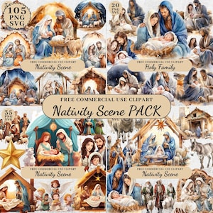 Clipart della scena della Natività di Natale ad acquerello, artigianato e decorazioni religiose della Sacra Famiglia, PNG trasparente, design di sublimazione SVG, scrapbooking