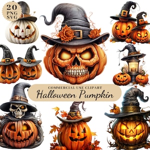 Watercolor Halloween Scary Pumpkin Clipart Bundle, Happy Halloween Clipart, Halloween Pumpkin Head, Digital Junk Journal Halloween,