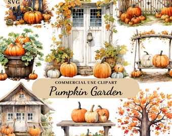 Watercolor Pumpkin Garden Clipart Bundle, Fall Scences Clipart, Autumn Fall Farmhouse, Cozy Fall Clipart Set, Halloween, Transparent PNG SVG