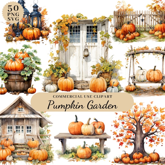 Watercolor Pumpkin Garden Clipart Bundle, Fall Scences Clipart, Autumn Fall Farmhouse, Cozy Fall Clipart Set, Halloween, Transparent PNG SVG