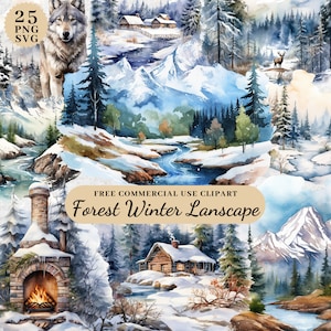 Imágenes prediseñadas de paisaje invernal con bosque de acuarela, imágenes prediseñadas de vacaciones de invierno, imágenes prediseñadas de montaña, imágenes prediseñadas para manualidades de papel, PNG SVG transparente