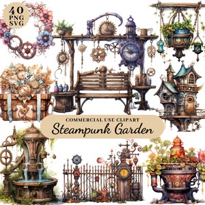 Paquete de imágenes prediseñadas de jardín Steampunk de acuarela, diario basura Steampunk, imágenes prediseñadas descargables Steampunk, artesanías de papel Steampunk y Scrapbooking