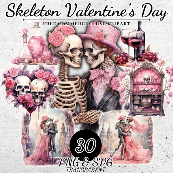 Watercolor Skeleton Valentine Day Clipart, Valentine Skull Sublimation, Valentine PNG SVG, Valentine Skeleton Gift, Couple Valentine Clipart