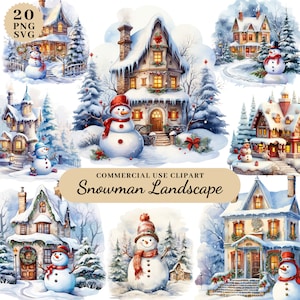 Watercolor Christmas Snowman Landscape Clipart, Christmas Decorations Clipart, Festive Clipart, Winter Decoration, Digital Crafts Designs