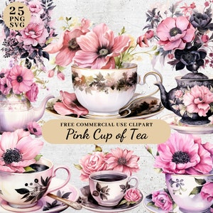 Clipart de té rosa de acuarela, clipart de tazas de café, clipart de tazas de flores rosas y negras, clipart de la hora del té, clipart PNG SVG transparente