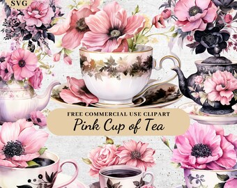 Aquarel roze thee clipart, koffiekopjes clipart, roze en zwarte bloem kopjes clipart, Tea Time clipart, transparante PNG SVG clipart