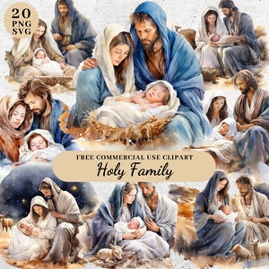 Clipart della Sacra Famiglia di Natale dell'acquerello, Artigianato e decorazioni di scene native religiose, PNG trasparenti, Design di sublimazione SVG, Scrapbooking